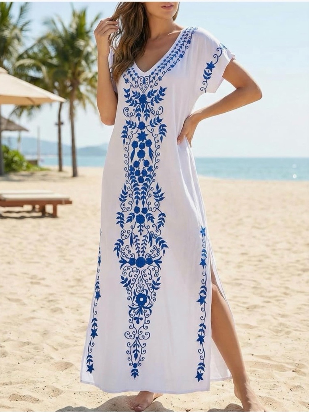 White Maxi Beach Dress with Blue Embroidery